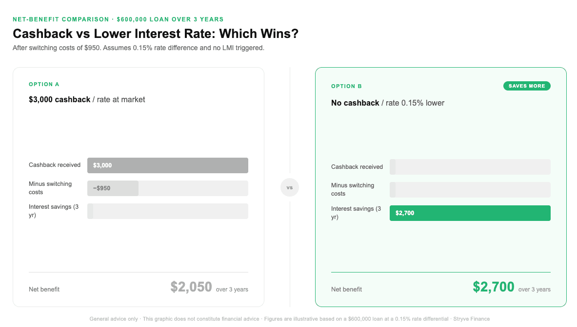 Net-benefit comparison showing $2,050 net cashback over 3 years versus $2,700 in interest savings from a rate 0.15% lower on a $600,000 loan